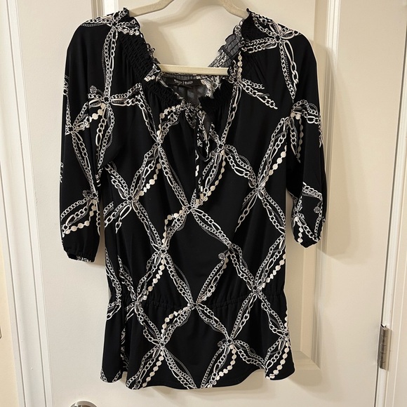 White House Black Market Black and White Fitted Blouse with 3/4 Sleeves - Picture 1 of 7
